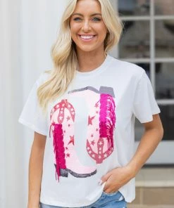 Queen Of Sparkles Tops Fringe Boots Tee- Pink/Red