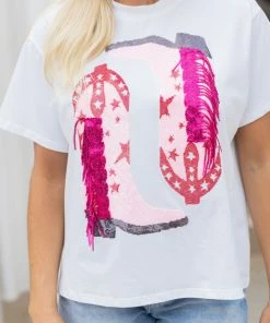Queen Of Sparkles Tops Fringe Boots Tee- Pink/Red