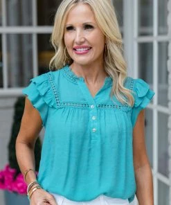 Mine And E&M Rosaline Top- Teal Tops