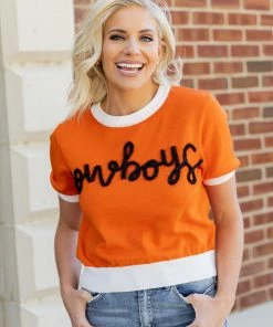 Queen Of Sparkles "Cowboys" Sweater- Orange Tops