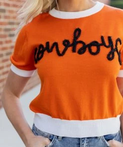 Queen Of Sparkles "Cowboys" Sweater- Orange Tops