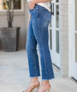Risen Jessica Mid Rise Straight Raw Hem Jeans